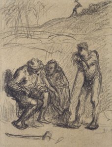 Kolme talonpoikaa lepäämässä, yksi nojaten lapioon (musta värikynä paperilla) tekijältä Jean Francois Millet